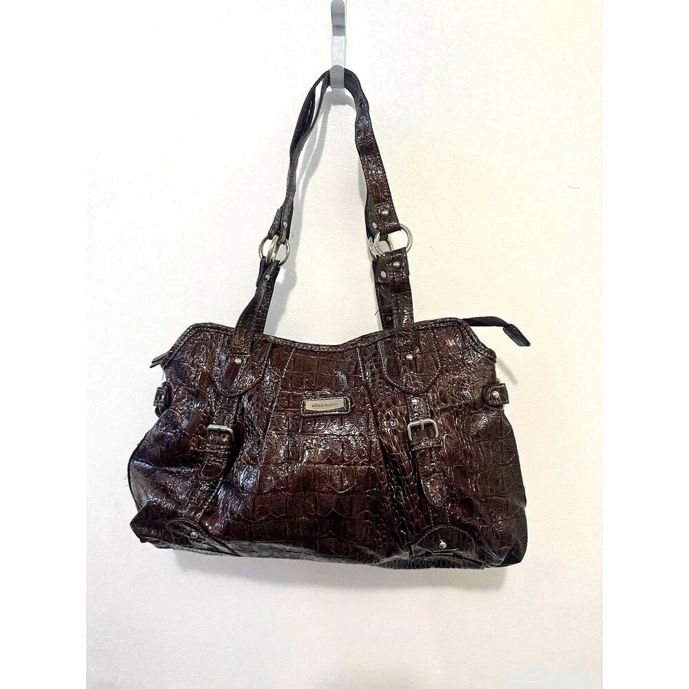 Alfred Dunner Brown Croc Embossed Faux Leather Shoulder Bag Tote Purse Zip
